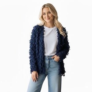 Cliche Couture NEW Crochet Loose Knit Boho Navy Textured Cardigan Sweater Top S